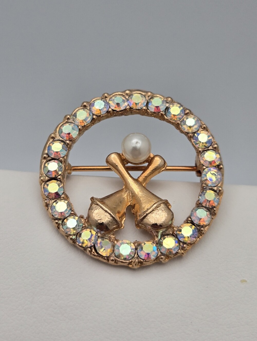 Bowling Pin Brooch Aurora Borealis Rhinestone Faux Pearl Gold Tone 1 1/8"